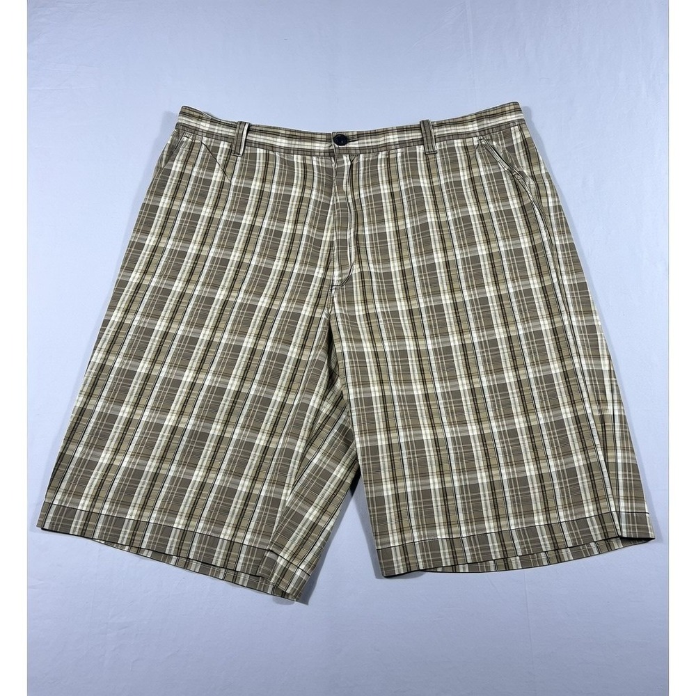 Reunion Mens Brown Tan Plaid Flat Front Shorts Size 42 Casual Summer Regular Fit
